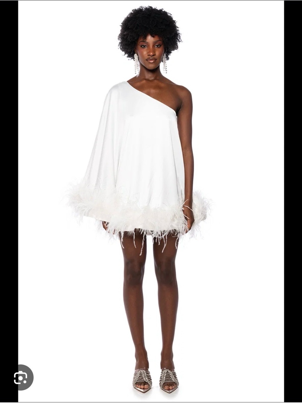 AKIRA White One-Shoulder Feather Trim Mini Dress